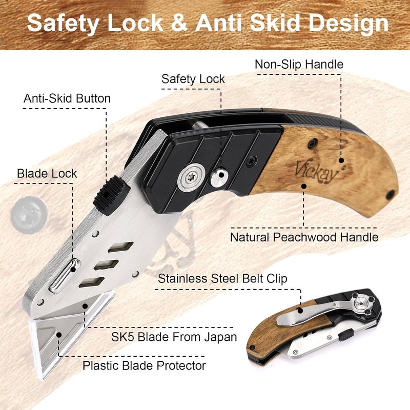 Vickay Utility Knife with Belt Clip, Heavy Duty Box Cutter Knife for Cartons, Cardboard, Carpet and Leather, Razor Knife with Wood Handle and Extra 5 SK5 Blades - Image 2